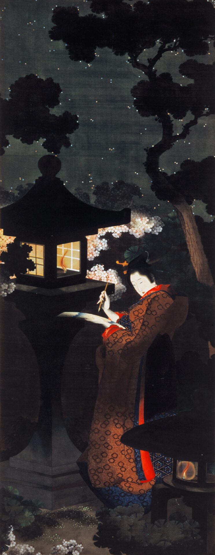 Yozakura bijin-zu (夜桜美人, Beauté admirant les cerisiers en fleurs la nuit) par Katsushika Ōi.