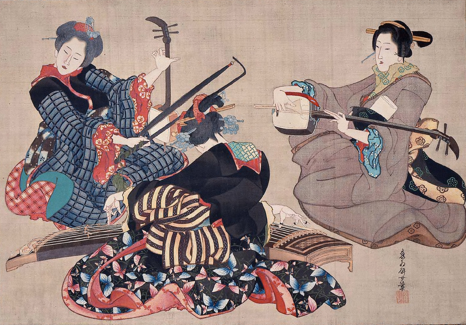 Trois femmes jouant des instruments de musique (三曲合奏図) par Katsushika Ōi.